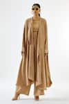 Buy_Echo By Tanya Arora_Beige Imported Crepe Open Asymmetric Hem Long Coat  _at_Aza_Fashions