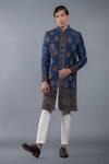 Buy_More Mischief_Blue Raw Silk Embroidery Floral Sherwani Set  _at_Aza_Fashions