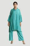 Buy_Brij_Blue Spun Silk Embroidered Potlis Shirt Pearl Work Box Fit Tunic And Pant Set _at_Aza_Fashions