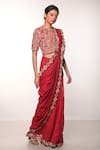 Buy_Soumodeep Dutta_Red Handloom Silk Embroidered Kutchi Round Woven Stripe Saree With Blouse_at_Aza_Fashions