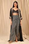 Buy_Masaba_Black Raw Silk Embroidered Wall Flower Pattern Striped Draped Skirt Set And Cape _at_Aza_Fashions