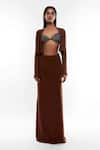 Buy_Deme by Gabriella_Brown Dull Stretch And Chiffon Embellishment Cropped Cover Up & Fitted Skirt Set _at_Aza_Fashions