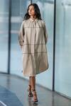 Buy_Leh Studios_Beige 100% Rayon Checkered Collared Neck Broken Fence Shirt Dress  _at_Aza_Fashions