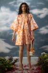 Buy_SAKSHAM & NEHARICKA_Orange Dupion Printed Floral Round Neck Abhilasha Kimono Dress _at_Aza_Fashions