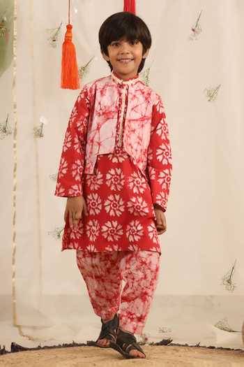 Buy_Cute Couture_Red Poplin Embroidery Printed Jacket Kurta And Pant Set _at_Aza_Fashions
