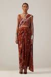 Buy_AMKA_Brown Crepe Printed Floral Bandhani And Mufti Pre-draped Saree With Blouse_at_Aza_Fashions