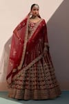 Buy_Angad Singh_Maroon Raw Silk Embroidery Zardozi Leaf Neck Floral Bridal Lehenga Set _at_Aza_Fashions