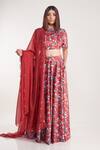 Buy_Pooja Bagaria_Red Skirt  Vegan Silk Suede/ Velvet Floral Pattern Lehenga Set _at_Aza_Fashions