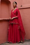 Buy_Deep Thee_Red Chanderi Embroidery Zari Deep V Neck Peplum Angrakha Set _at_Aza_Fashions