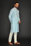 Buy_SAMMOHAN CEREMONIAL_Blue Vis Silk And Spun  Lining 100% Applique Work Kurta Set_at_Aza_Fashions