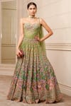 Buy_Tarun Tahiliani_Emerald Green Sheer Silk Embroidered Floral Pattern Lehenga Corset Set _at_Aza_Fashions