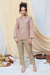 Buy_Couché By Anandini_Beige Tweed Sequin And Beads Spread Collar Top & Trouser Set _at_Aza_Fashions