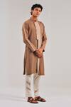 Buy_Shreyansh Designs_Brown Cotton Linen Color Block Kurta _at_Aza_Fashions