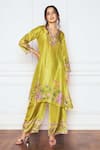 Buy_Sakshi Girri_Green Dupion Silk Printed Floral V A-line Kurta And Palazzo Set  _at_Aza_Fashions