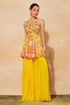 Buy_DiyaRajvvir_Yellow Cotton Silk Printed Floral Jaal Embroidered Peplum Top And Gharara Pant Set _at_Aza_Fashions