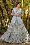 Buy_suruchi parakh_Blue Georgette Embroidery Floral Lapel Flower Vine Pleated Lehenga And Jacket Set_at_Aza_Fashions