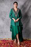 Buy_Shachi Sood_Green Dupion Silk Floral V Neck Flower Embroidered Short Kurta And Skirt Set _at_Aza_Fashions