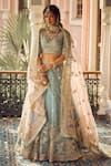 Buy_LASHKARAA_Blue Net Embroidery Zari V Neck Floral Bouquet Bridal Lehenga Set_at_Aza_Fashions