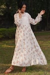 Buy_Dhaari_Off White Handwoven Cotton Silk Hand Painted And Embroidered Floral Dress Tiered _at_Aza_Fashions