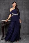 Buy_Sunita Bhandari_Blue Viscose Cut Work, Sequins Asymmetric One Shoulder Draped Top And Palazzo Set _at_Aza_Fashions