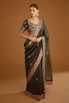 Buy_Shyam Narayan Prasad_Blue Silk Brocade Chanderi Gold Jacquard Striped Saree With Blouse_at_Aza_Fashions