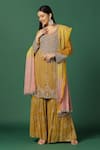 Buy_Two Sisters By Gyans_Yellow Georgette Sequins, Embroidery Round Neck And Resham Kurta Sharara Set _at_Aza_Fashions