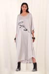 Buy_AK-OK_Grey Silk Printed Typographic V Neck Kaftan Dress  _at_Aza_Fashions