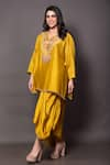 Buy_Vara by Vibha n Priti_Yellow Satin Modal Hand Embroidered Thread V Neck Tunic And Draped Skirt Set _at_Aza_Fashions