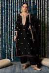 Buy_Maison Shefali_Black Kurta And Dupatta Chanderi Silk Embroidered Marodi Notched Ragini Set _at_Aza_Fashions