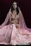 Buy_Kanj by Priyanka A Sakhuja_Pink Raw Silk Embroidered Sequin Illusion V Neck Shahista Lehenga Set  _at_Aza_Fashions