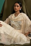 Buy_5elements_Off White Chanderi Silk Tissue Embellishment Woven Stripe Pattern Anarkali Set _at_Aza_Fashions