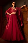 Buy_Mishru_Red Cape And Skirt Organza Embroidery Floral Leia Lehenga Set _at_Aza_Fashions