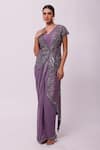 Buy_Onaya_Purple Georgette Embellished Sequins Crystals And Jacket & Pre-draped Saree Set_at_Aza_Fashions