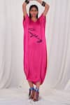 Buy_AK-OK_Pink Silk Printed Typographic V Neck Kaftan Dress _at_Aza_Fashions
