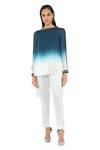Buy_Rohit Gandhi + Rahul Khanna_Blue Georgette Embellished Round Zenith Ombre Top _at_Aza_Fashions