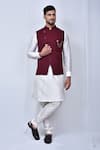 Buy_Arihant Rai Sinha_Maroon Rayon Woven Plain Asymmetrical Bundi _at_Aza_Fashions