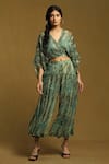 Buy_Ritu Kumar_Green Viscose Chiffon Printed Leafy V Neck Botanic Top And Palazzo Co-ord Set _at_Aza_Fashions