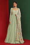 Buy_Mahima Mahajan_Green Georgette Printed Floral Pattern V Neck Urwa Long Anarkali With Dupatta _at_Aza_Fashions