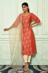 Buy_Aryavir Malhotra_Coral Kurta Silk Chanderi Embroidery Stripe Round Set_at_Aza_Fashions