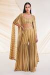 Buy_Divya Aggarwal_Yellow Georgette Sequins, Beads V-neck Aubree Swirl Print Cape Sharara Set _at_Aza_Fashions