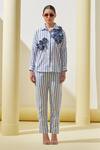 Buy_Pleats By Aruni_Blue Linen Fabric Flowers, Applique Collared Striped Pattern Shirt And Pant Set_at_Aza_Fashions