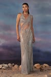 Buy_Rohit Gandhi + Rahul Khanna_Grey Tulle Crystals, Sequins Kyanite Pre-draped Embroidered Saree With Blouse _at_Aza_Fashions
