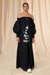 Buy_Masaba_Black Cotton Cambric Printed Slogan Carmen Off Shoulder Dress_at_Aza_Fashions