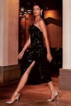 Buy_Rohit Gandhi + Rahul Khanna_Black Viscose Crepe Embellished Arrow Sequins One Shoulder Fully Dress _at_Aza_Fashions