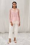Buy_Ayaka_Pink Silk Organza Embroidery Round Neck Applique Top _at_Aza_Fashions