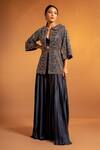 Buy_Sejal Kamdar_Blue Pure Satin Crepe Ajrak Embellished Jacket And Fluid Pant Set _at_Aza_Fashions