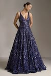 Buy_Seema Gujral_Blue Net Embroidered Sequins Plunge V Neck Floral Gown  _at_Aza_Fashions