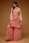Buy_Neeta Lulla_Peach Tulle Sequins, Beads, Crystals V-neck Kirsi Embroidered Kurta Sharara Set_at_Aza_Fashions