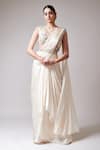 Buy_GG By Asha Gautam_Ivory Satin Georgette Hand Pre-draped Saree With Sleeveless Blouse _at_Aza_Fashions