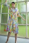Buy_Garima Bindal_Multi Color Silk, Chanderi Sequins Collared Zinnia Printed Tiered Shirt Dress _at_Aza_Fashions